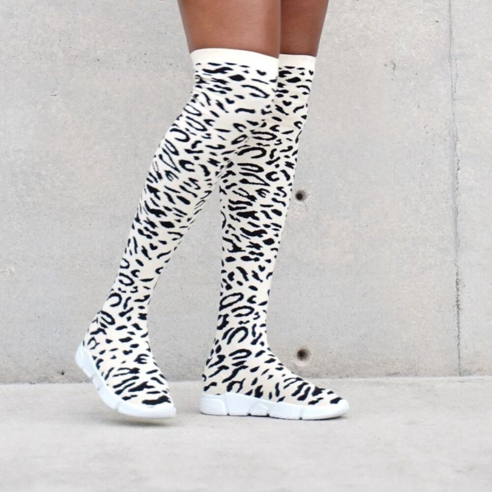 Leopard Print Over-The-Knee Thigh High Sock Sneakers With White‎ Sole